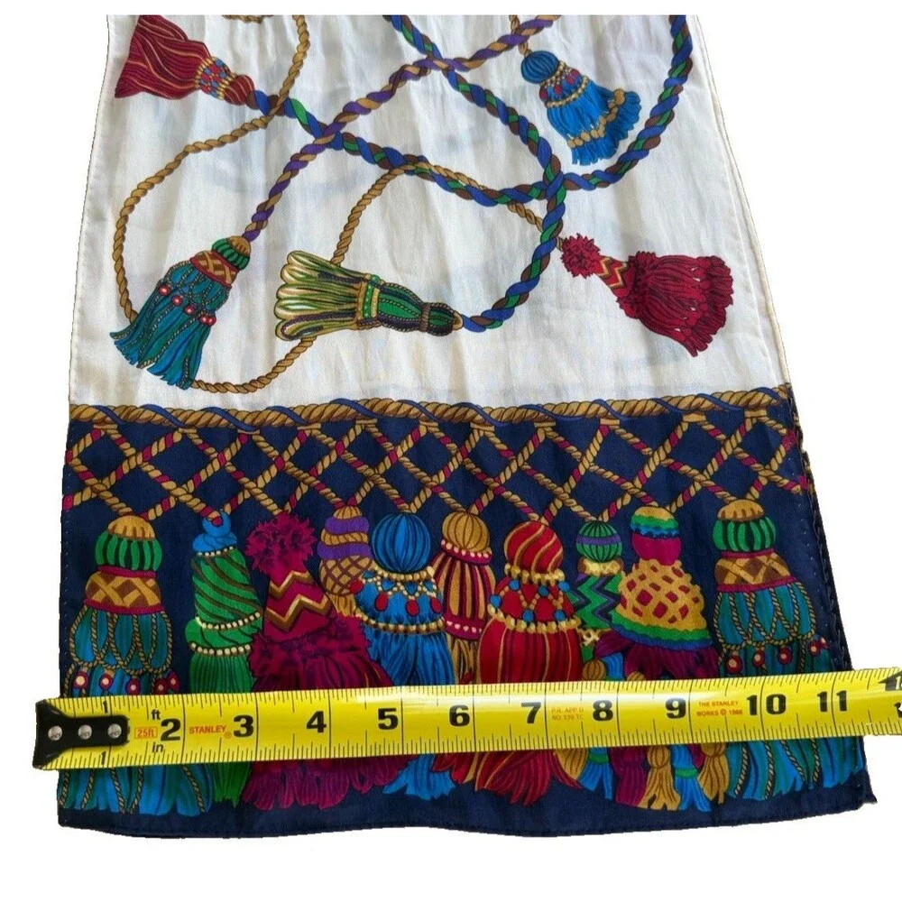Echo Womens Silk Rectangle Tassel Rope Printed Scarf White Multi 57” X 11” EUC